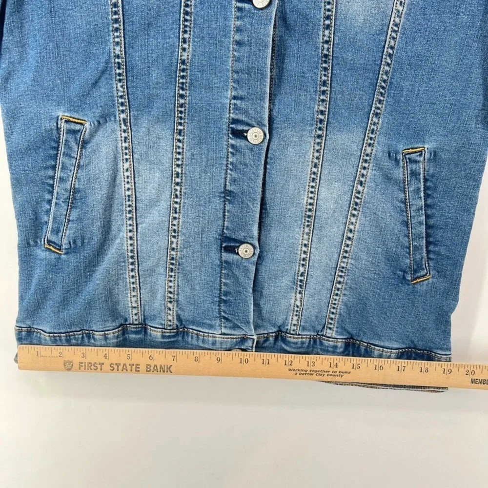 LuLaRoe Jaxon Denim Jacket XL Southwestern Aztec Knit Back Panel Boho Western